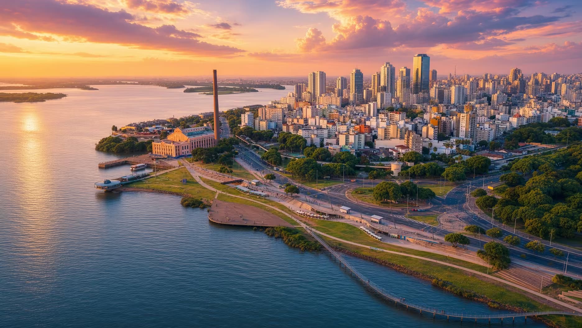 Sunset over the Guaíba and the Gasômetro in Porto Alegre